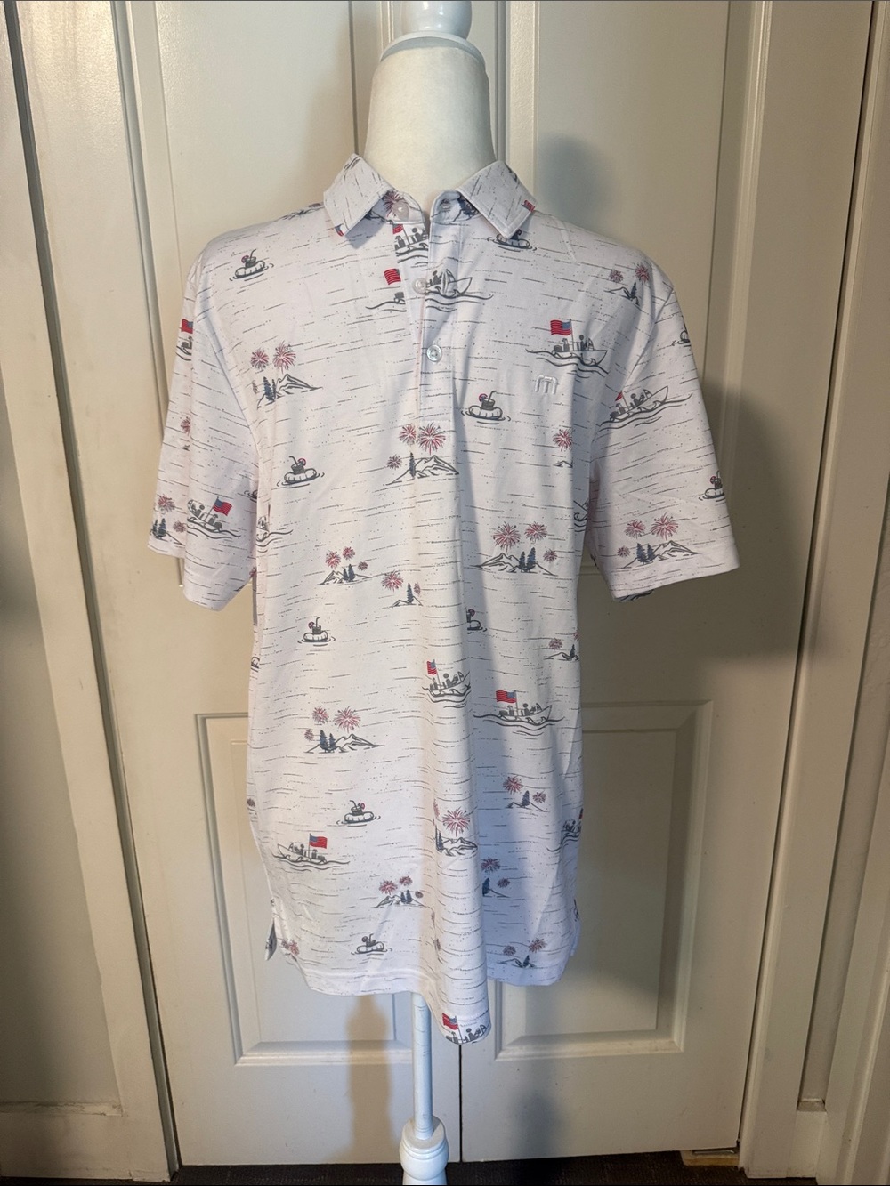 TravisMathew White Polo with Red & Navy Nautical Motif
